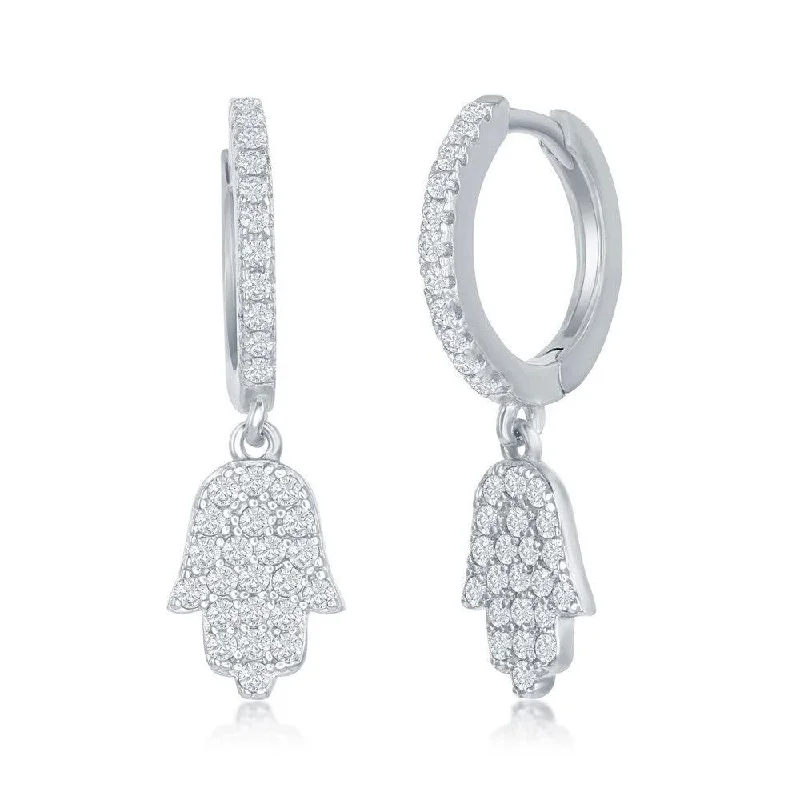 statement ladies earrings-Sterling Silver Small Huggie Hoop Hamsa CZ Earrings