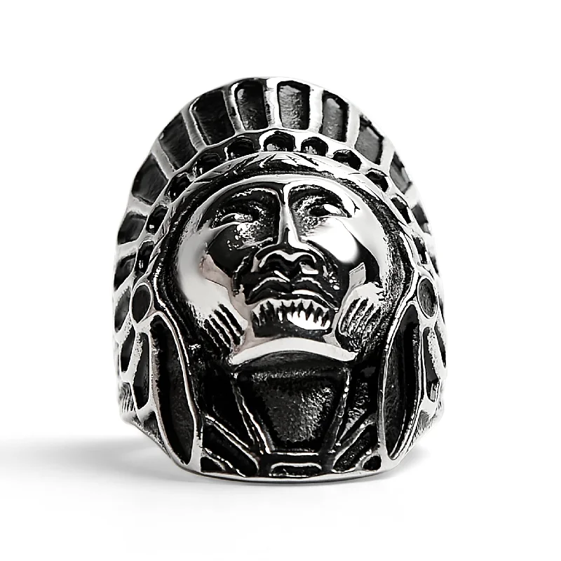 black diamond ladies ring-Stainless Steel Native American Chief Ring / SCR3048