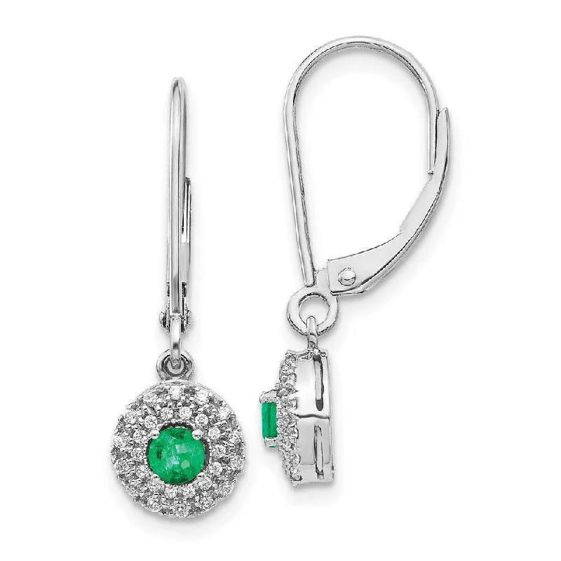 infinity symbol ladies earrings-14k White Gold Diamond Halo Emerald Leverback Dangle Earrings