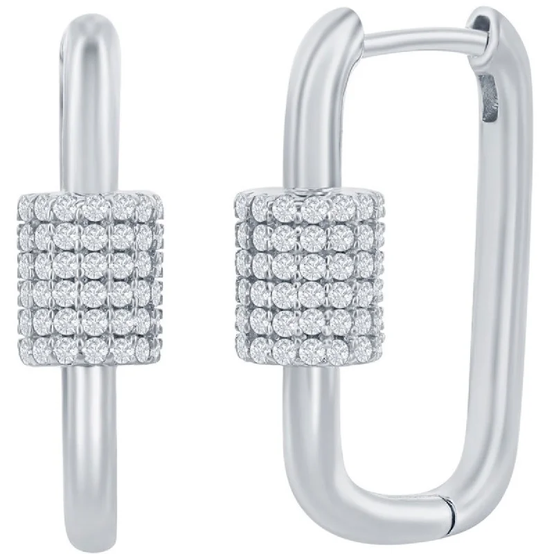 pearl ladies earrings-Classic Women's Earrings - Silver Micro Pave CZ Oval Carabiner Paperclip | D-7974