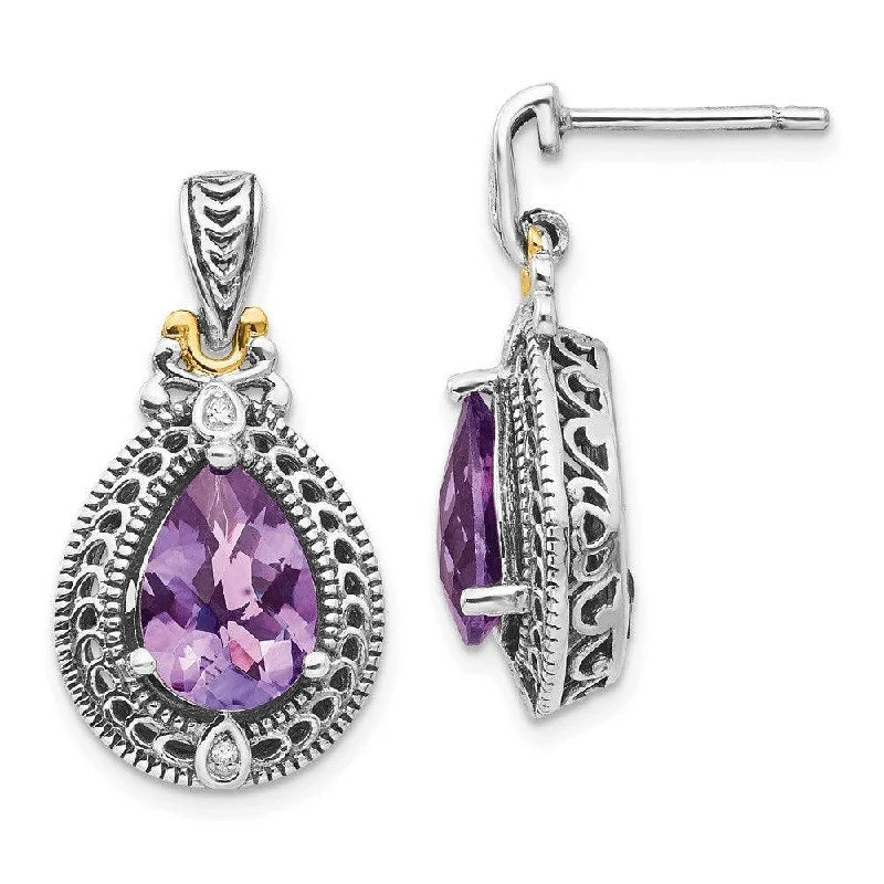 antique finish ladies earrings-Sterling Silver w/14k Diamond & Amethyst Earrings