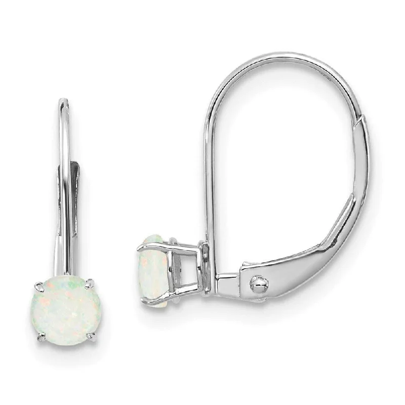 heart-shaped ladies earrings-14k White Gold 4mm Round October/Opal Leverback Earrings