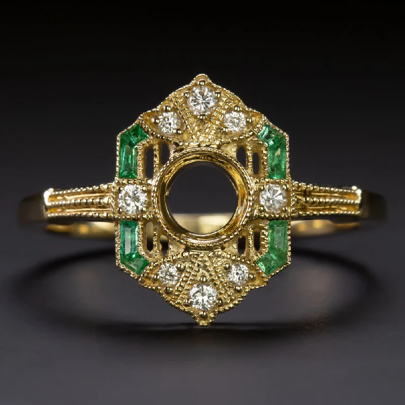 antique Victorian engagement ring for women-VINTAGE STYLE EMERALD DIAMOND RING SETTING 14K GOLD SEMI MOUNT COCKTAIL ART DECO