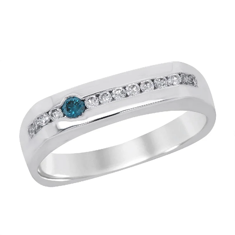 antique Victorian ladies ring-MEN'S WHITE GOLD RING WITH A ROW OF DIAMODNS AND A BLUE DIAMOND, .27 CT TW