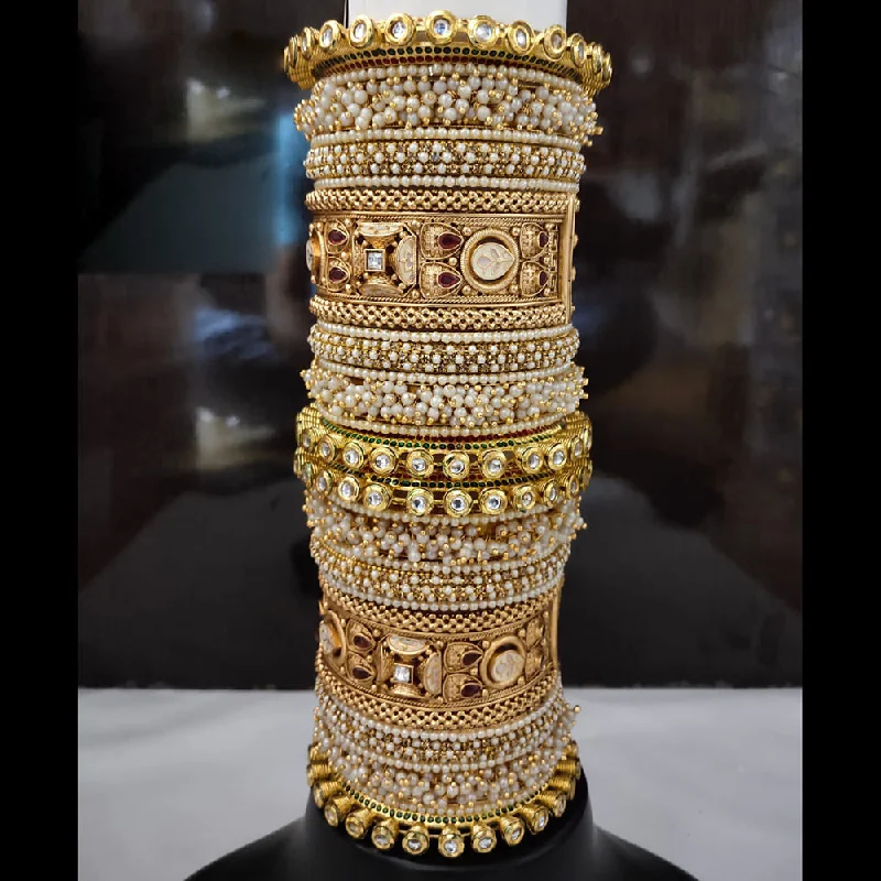 engraved zodiac ladies bracelet-Lucentarts Jewellery Gold Plated Kundan And Pearl Bangles Set