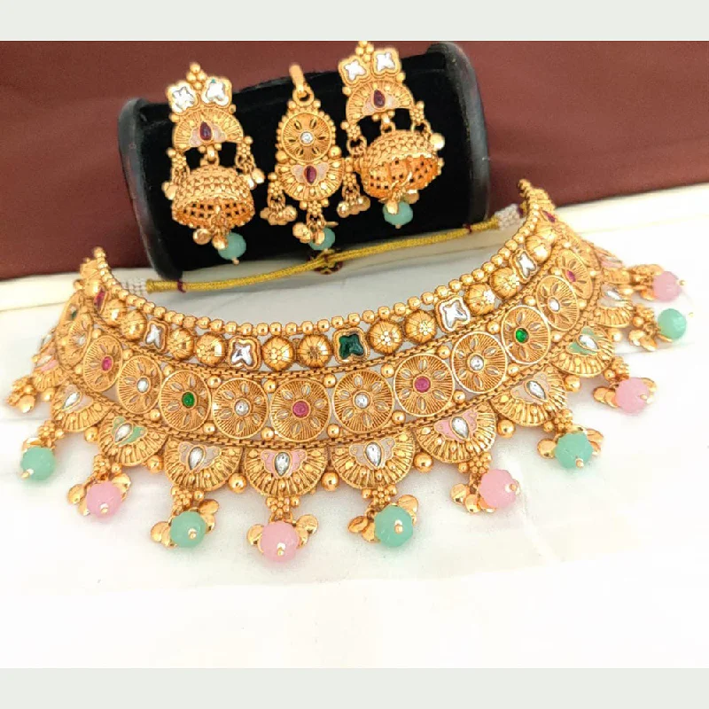 pave setting ladies necklace-Manisha Jewellery Gold Plated Pota Stone Choker Necklace Set