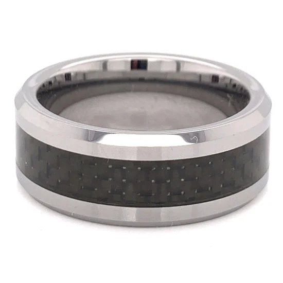 pave setting ladies ring-Tungsten Black Fiber Center Comfort Fit Ring / TGR1010