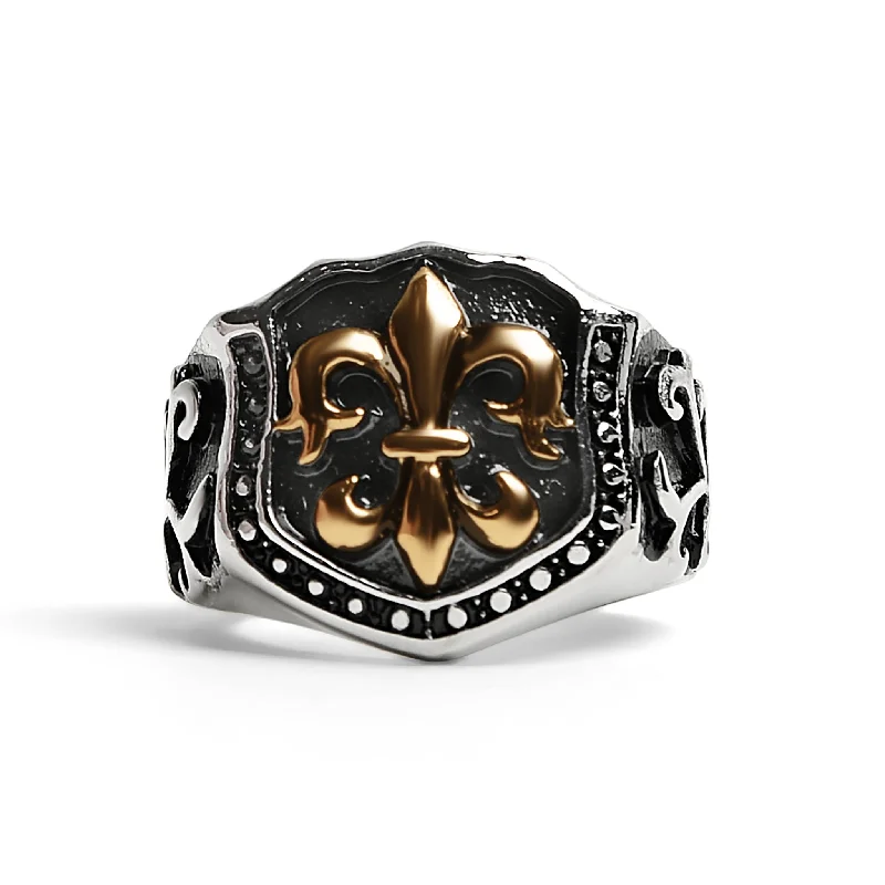 heart-shaped ladies ring-Stainless Steel 18K Gold PVD Coated Fleur De Lis Shield Signet Ring / SCR4034