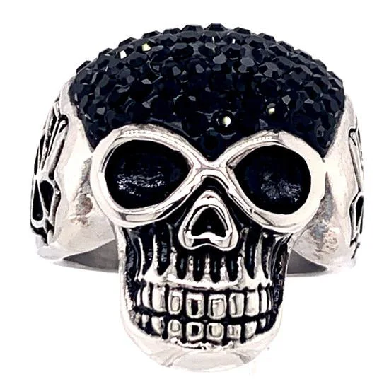 princess-cut ladies ring-Skull With Tiny Black CZ Accents Stainless Steel Ring / SCR3107