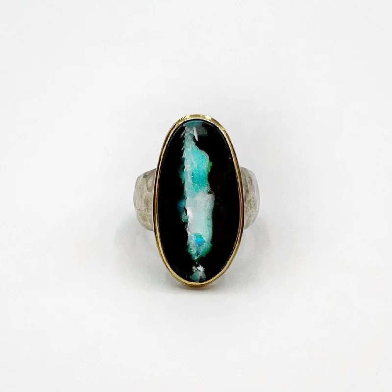 statement ladies ring-Large Oval Boulder Opal With Gold Bezel & Sterling Silver Ring