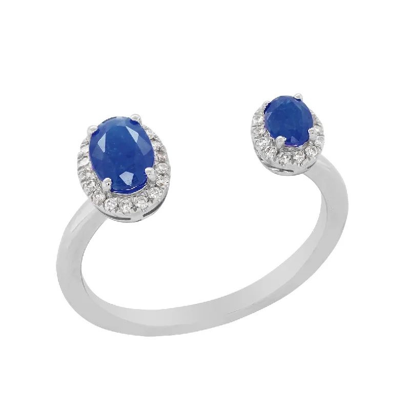 minimalist ladies ring-WHITE GOLD SAPPHIRES AND DIAMOND HALO FASHION RING, .11 CT TW