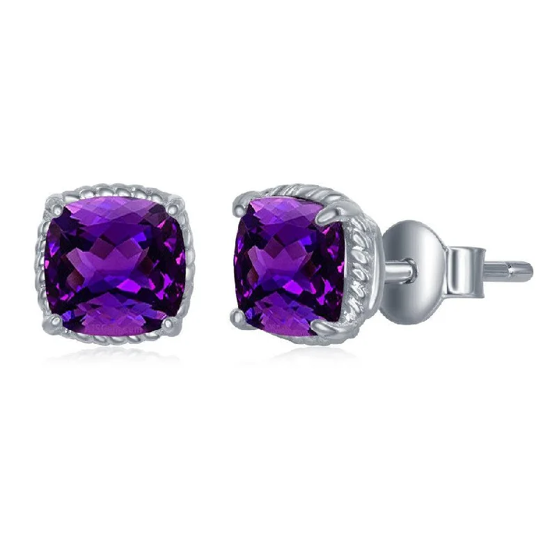 spiral twist ladies earrings-Sterling Silver 6mm Cushion Cut Amethyst Earrings