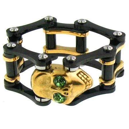 overlapping band ladies ring-Green CZ Eyed 18K Gold PVD Coated Skull Black Bike Chain Stainless Steel Ring / SCR3095