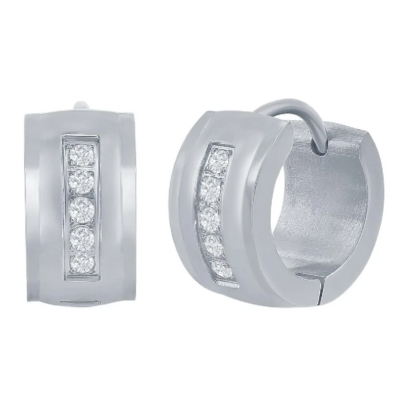 huggie ladies earrings-Blackjack Women's Earrings - Stainless Steel 13x7mm CZ Huggie Hoop | SA-6086