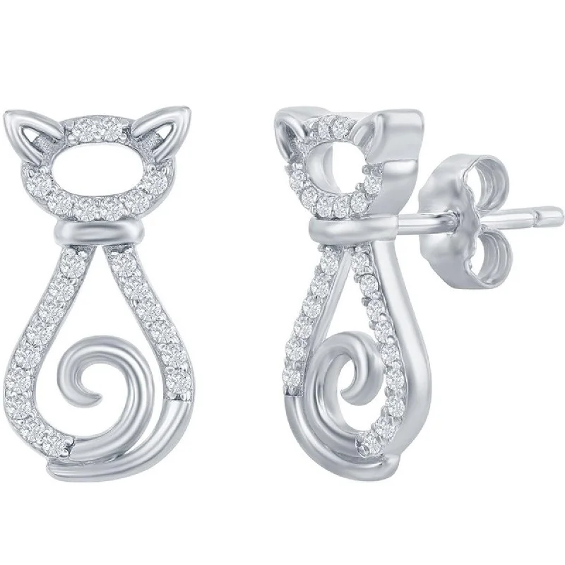 classic ladies earrings-Classic Women's Earrings - Sterling Silver CZ Cat Stud Post Back Closure | D-7929