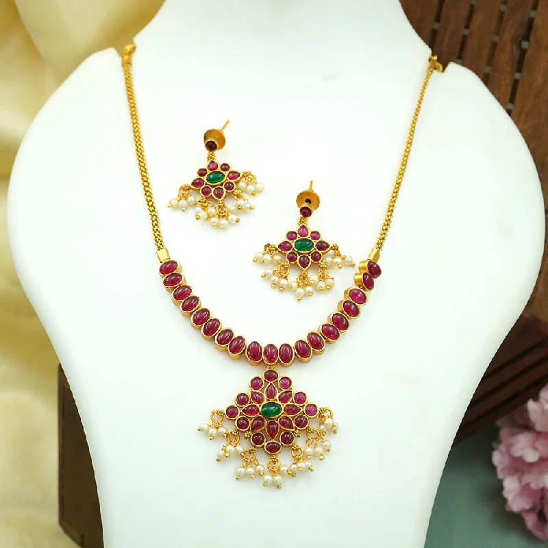 double heart ladies necklace-Diksha Collection Gold Plated Pota Stone Long Necklace Set - N 689