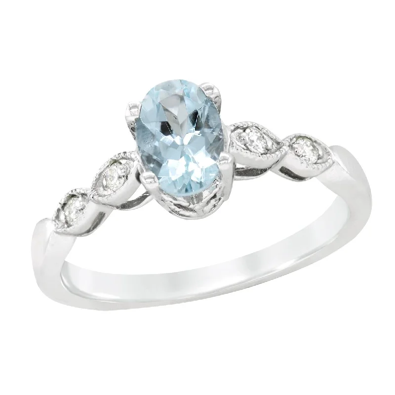 delicate band ladies ring-WHITE GOLD RING WITH OVAL CUT AQUAMARINE AND SIDE DIAMONDS, .08 CT TW